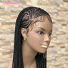 A close-up of a model wearing a black synthetic heart cornrow braids wig