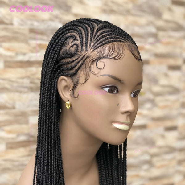A close-up of a model wearing a black synthetic heart cornrow braids wig