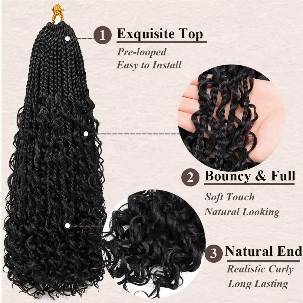 Schwarze vorgesponnene Zopf-Box-Braids für lockiges Haar, die Textur und Länge zeigen