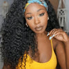 A woman with long black hair wearing a blue and yellow patterned headband wig.