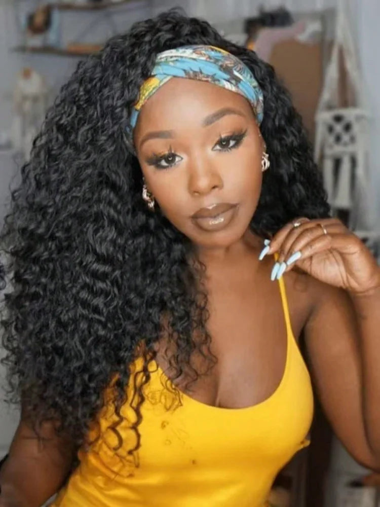 A woman with long black hair wearing a blue and yellow patterned headband wig.