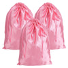 A set of three pink satin drawstring storage pouches displayed against a white background.