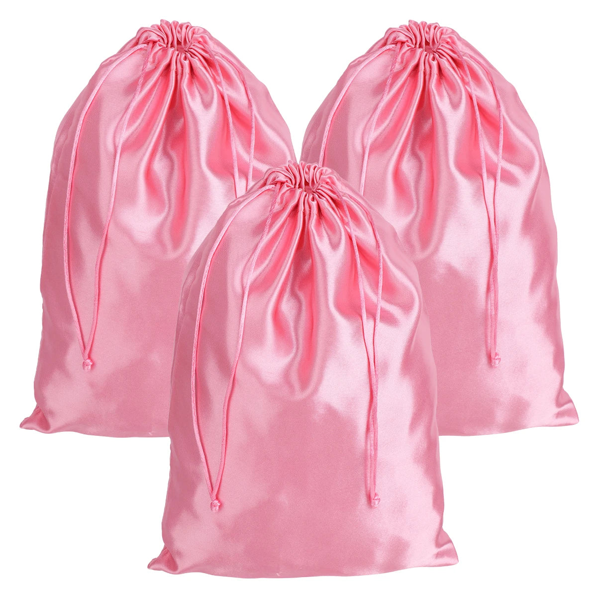 A set of three pink satin drawstring storage pouches displayed against a white background.