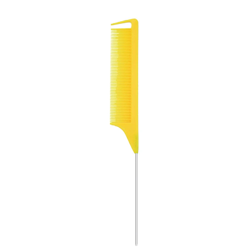 A bright yellow professional pointed tail hair comb and styling brush set.
