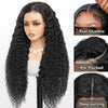 Black deep wave lace front human hair wig shown with various styling options like pre-plucked and deep parting