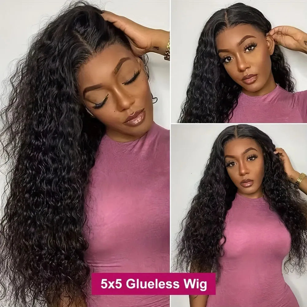 Close-up photos of a 5x5 Glueless Wig in a dusty rose color featuring long, dark, wavy hair.