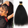 A close-up of a woman applying bulk kinky straight human hair extensions for boho braids to her hair.