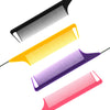 A set of professional pointed tail hair combs and styling brushes in black, yellow, purple, and pink.