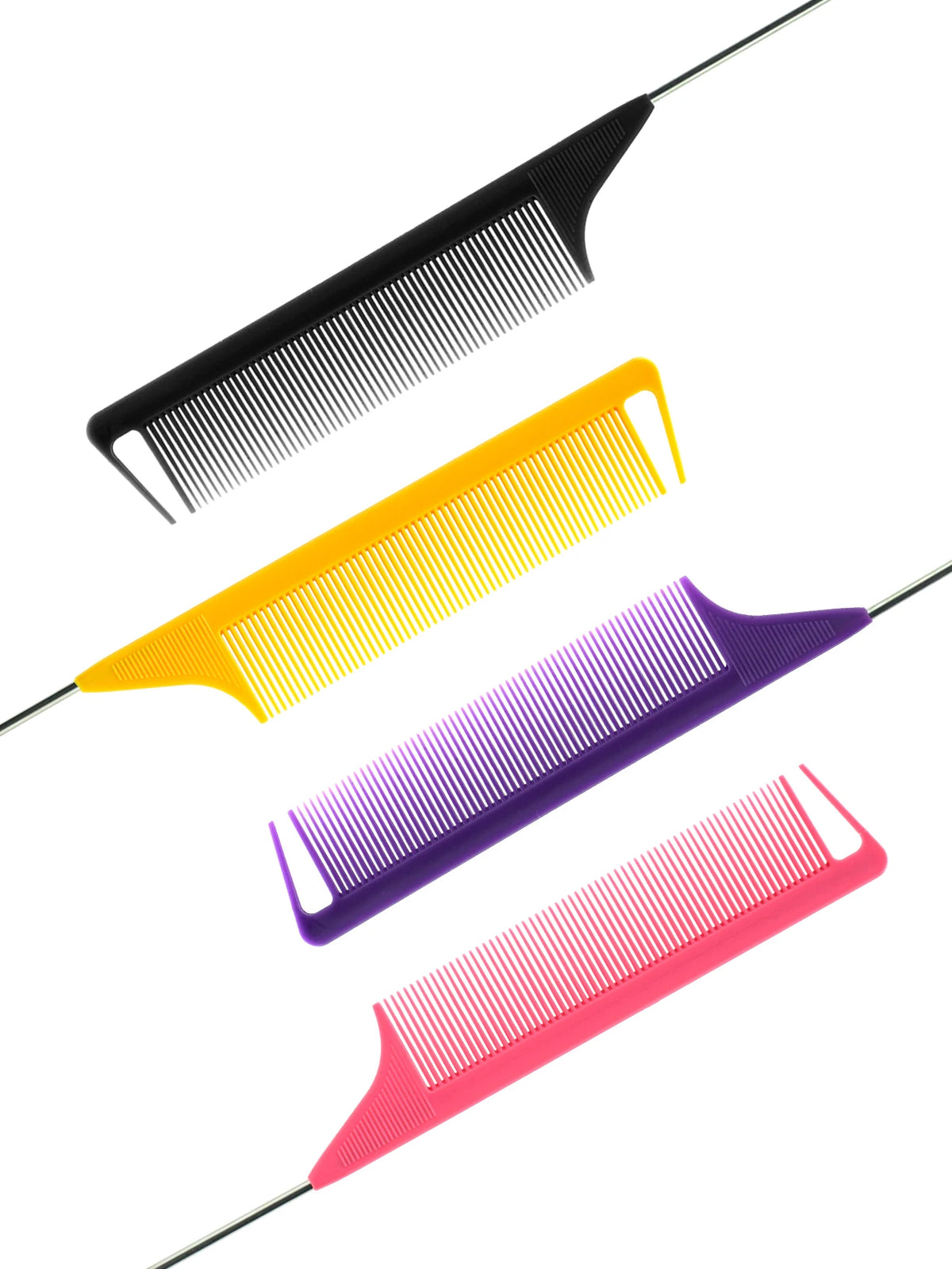 A set of professional pointed tail hair combs and styling brushes in black, yellow, purple, and pink.
