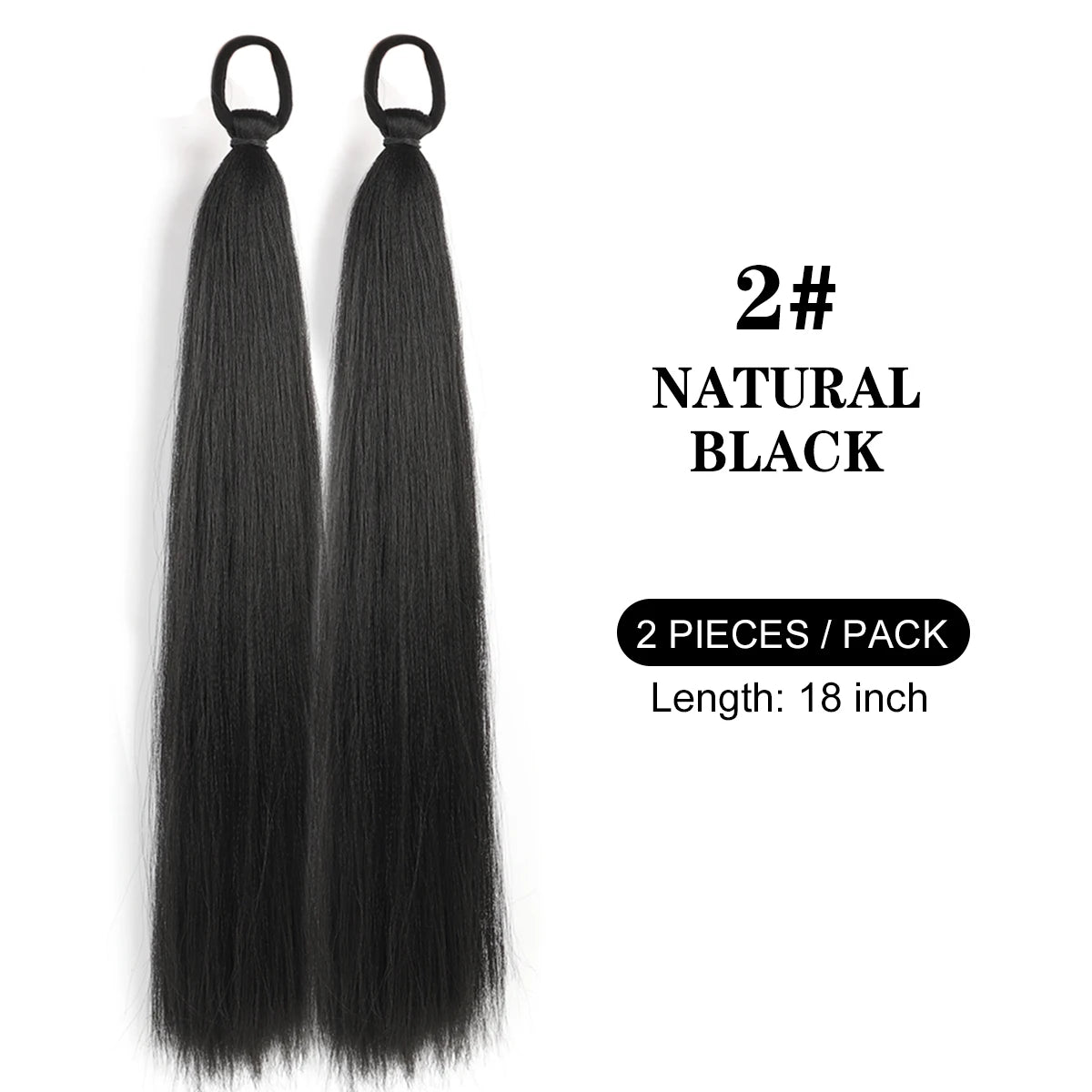 Black natural hair extensions, 2 pieces per pack, 18 inches long.