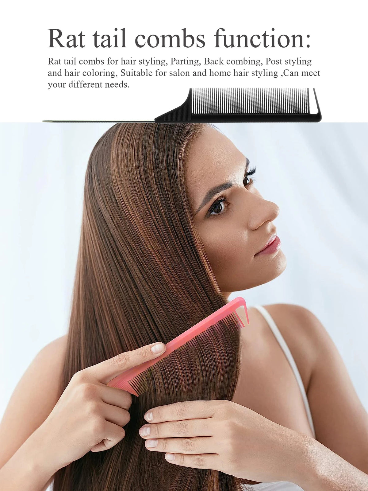 A woman is using a pink pointed tail hair comb and styling brush set on her long brown hair.