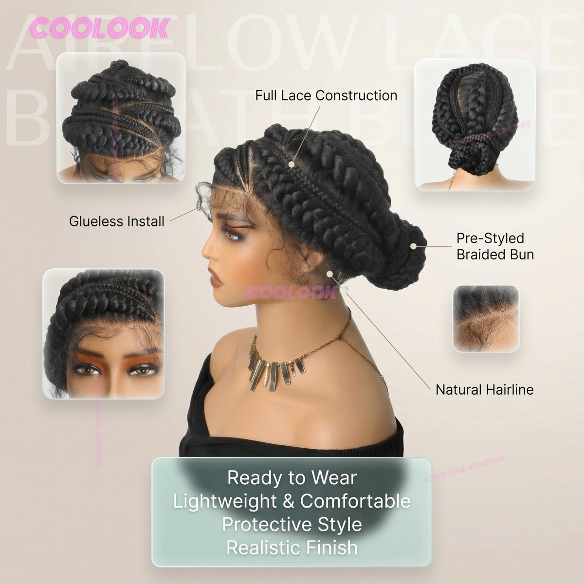 A woman modeling a black pre-styled braided bun hairstyle with natural hair, showing a full lace construction.
