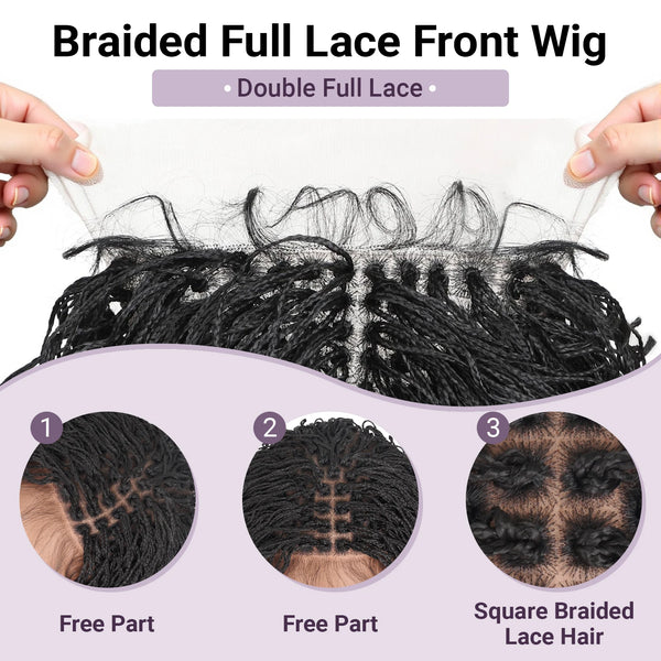 A close-up of a braided full lace front wig showing the hairline and hair texture.