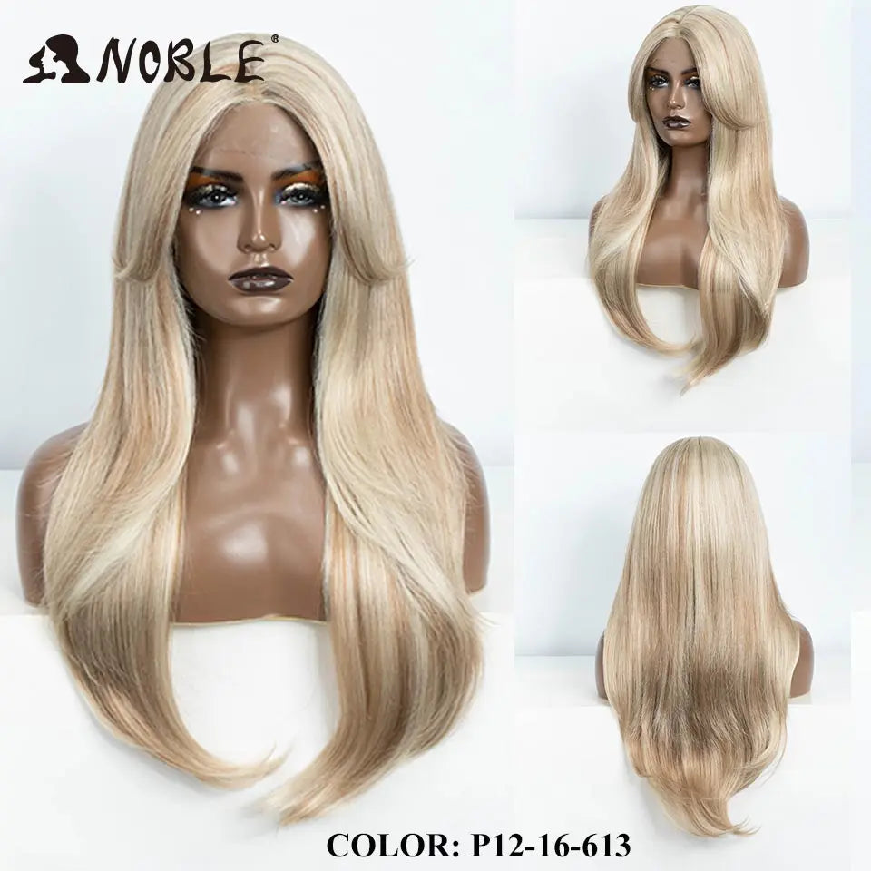 A long blonde wig with an ombre effect displayed on a mannequin head.