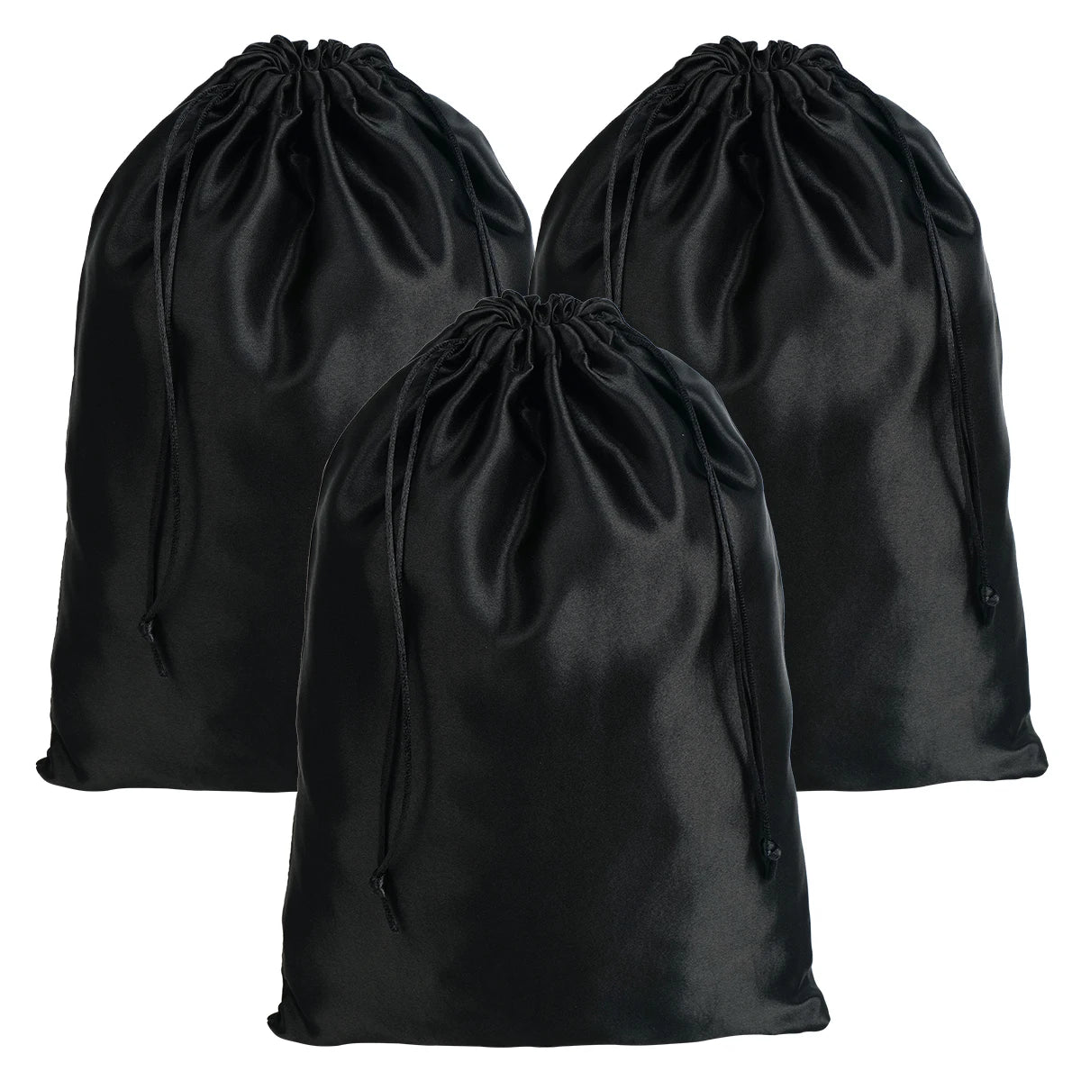 A set of three black satin drawstring storage pouches.