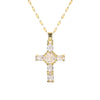 A gold-toned stainless steel cross necklace featuring clear cubic zirconia stones.