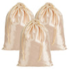 Three light pink satin drawstring storage pouches displayed against a white background.