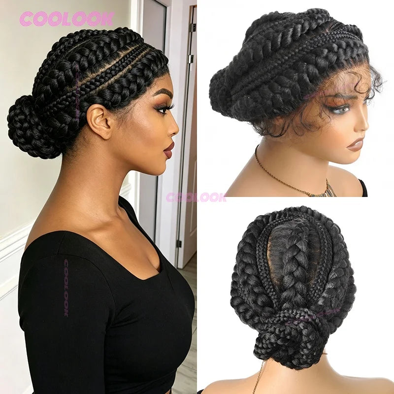 Nahaufnahme einer schwarzen glueless synthetischen Cornrow-geflechteten Perücke bei einem Model.
