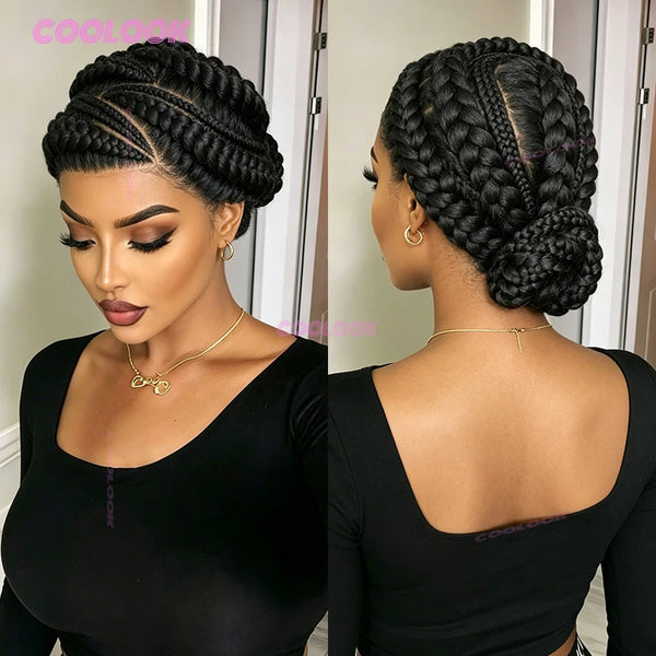 A woman with dark skin wearing a black top and styled with a braided updo wig