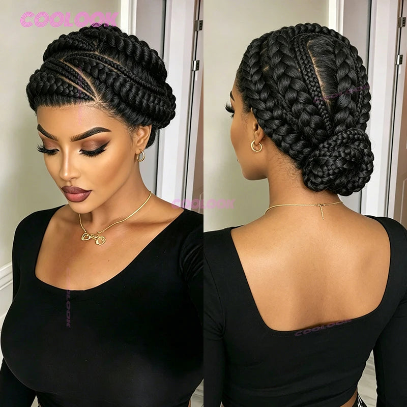 A woman with dark skin wearing a black long-sleeved top and a braided hairstyle