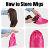 Instructions showing how to store wigs in pink satin drawstring storage pouches.