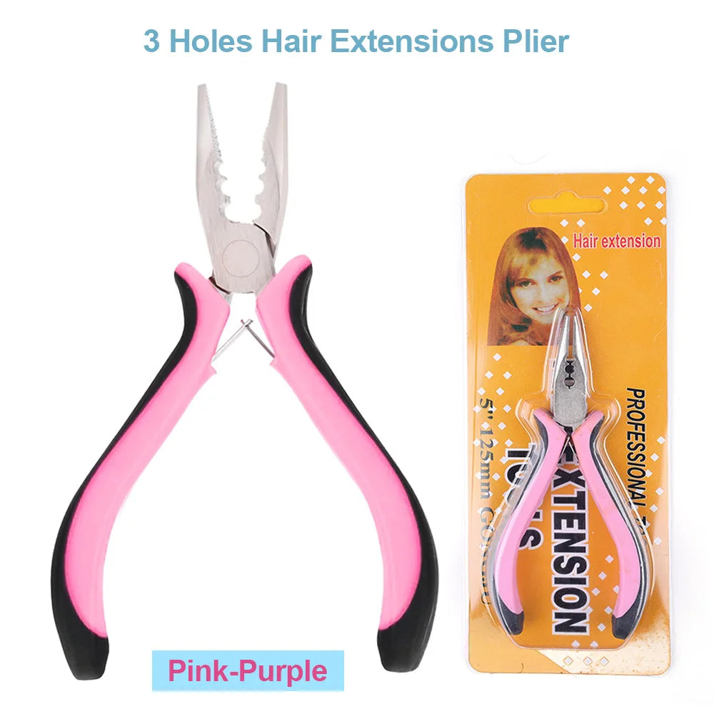 Un par de pinzas para extensiones de cabello rosadas-moradas con 3 orificios, mostradas contra un fondo blanco.