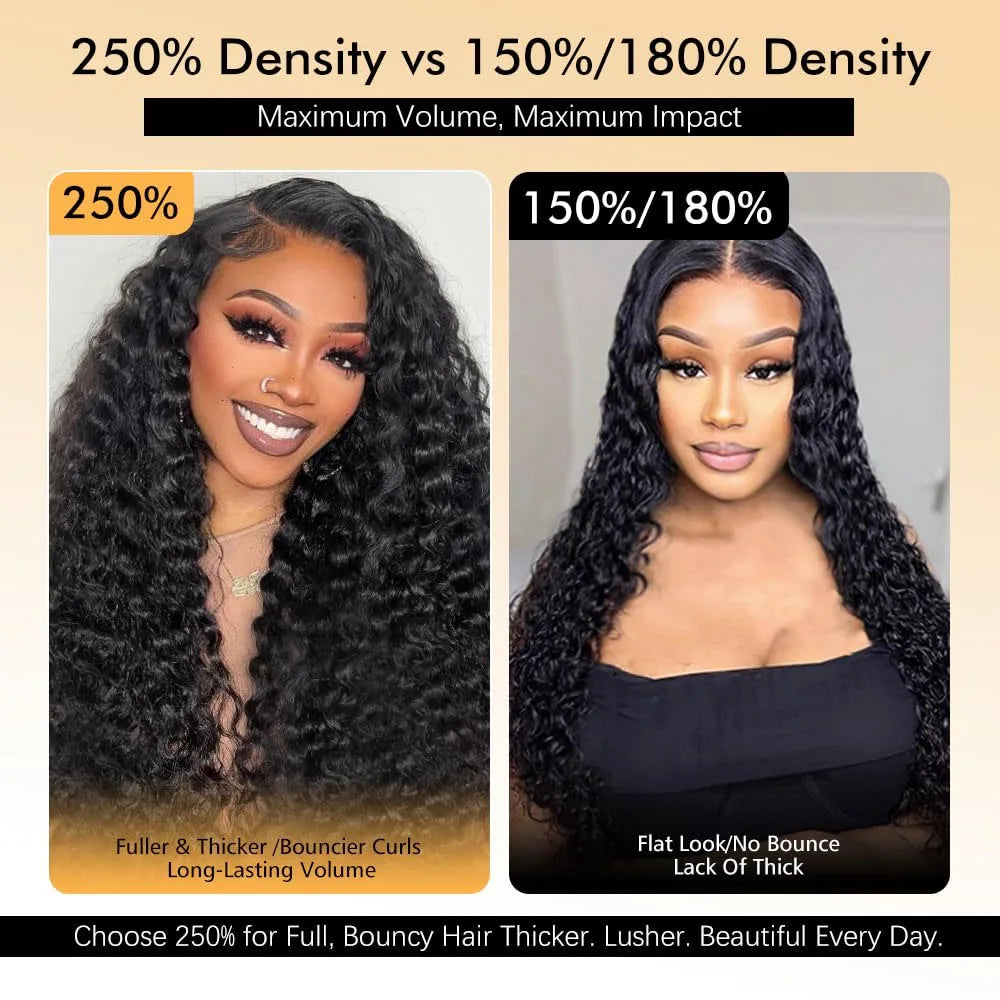 A comparison showing 250% density versus 150%/180% density of long curly hair wigs.