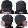 A black 200% density Brazilian hair deep wave headband wig shown from the front, back, left, and right angles.