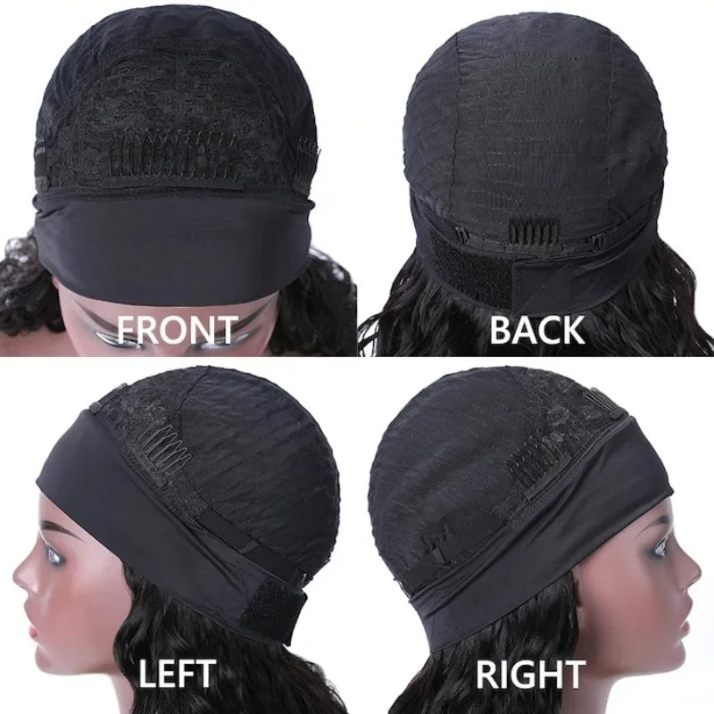 A black 200% density Brazilian hair deep wave headband wig shown from the front, back, left, and right angles.