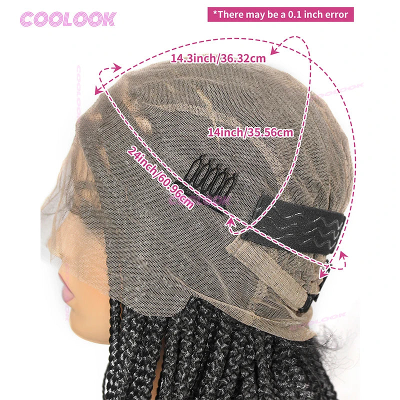 A close-up of a full lace box braid wig for black hair showing measurements and texture.