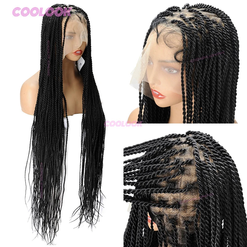 A black cornrow braid wig with full lace is shown from the front and back views.