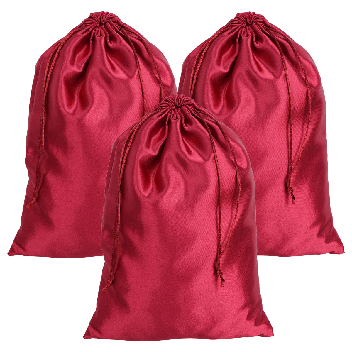 A set of three deep red satin drawstring storage pouches.