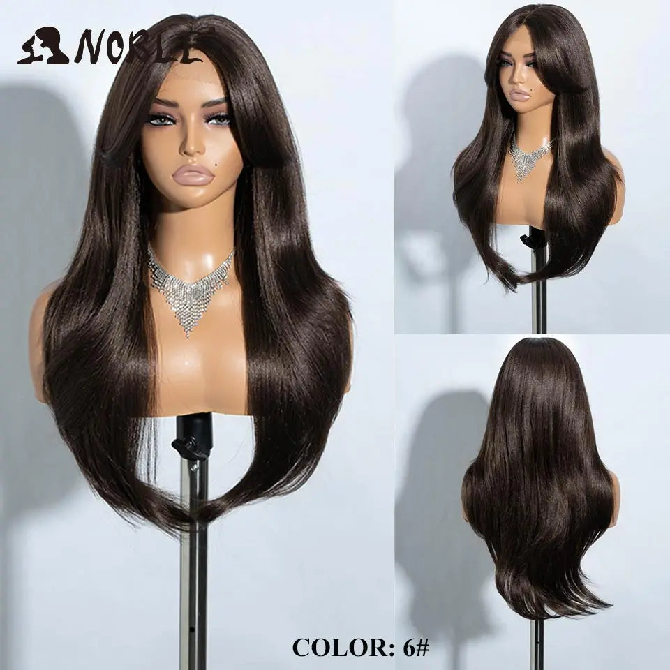 A dark brown straight ombre lace front wig displayed on a mannequin, featuring a silver necklace.