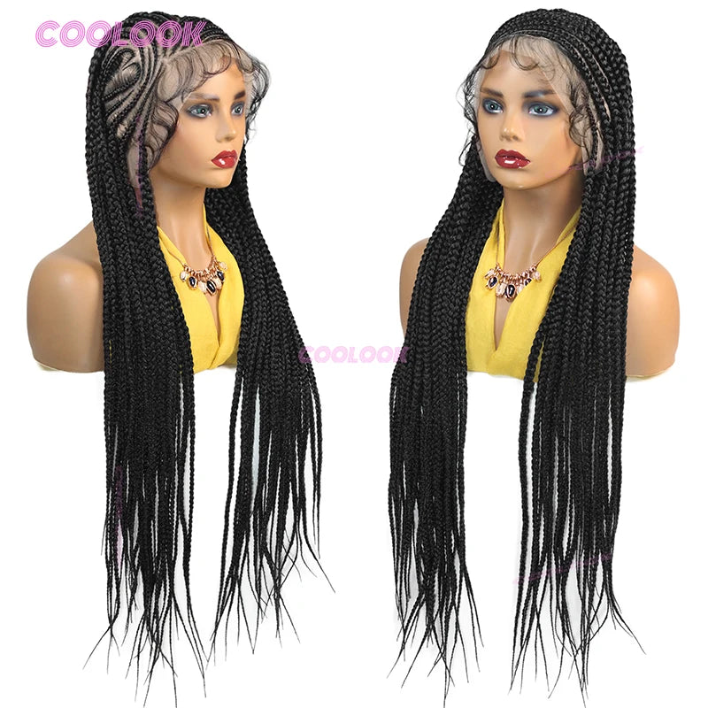 A model displays a 36 inch synthetic heart cornrow braids wig in black hair with light gray highlights.