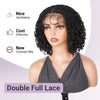 A close-up of a woman modeling a black wig with double full lace and tight curls.
