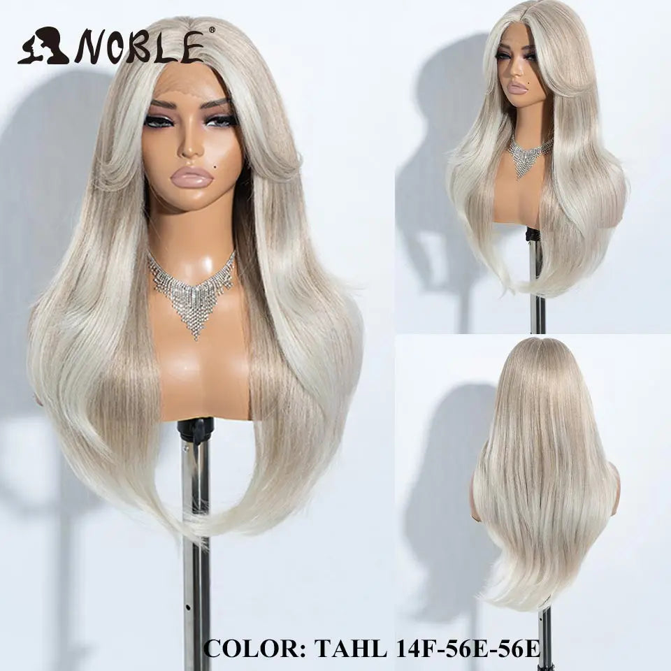 A long, straight ombre lace front wig in light blonde color displayed on a mannequin head.