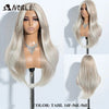 A long, straight ombre lace front wig in a light blonde color displayed on a mannequin.