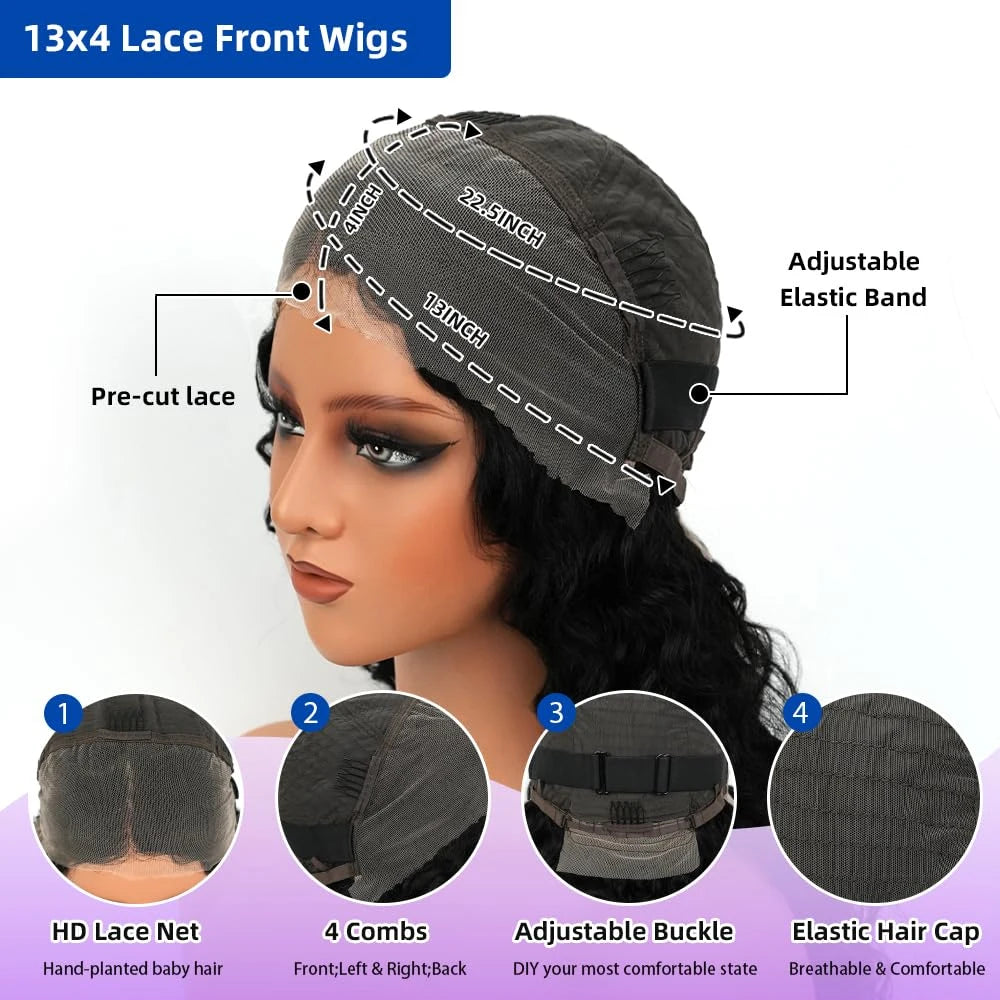 A woman is modeling a black lace front wig with an adjustable elastic band and various components like combs and a hair cap.