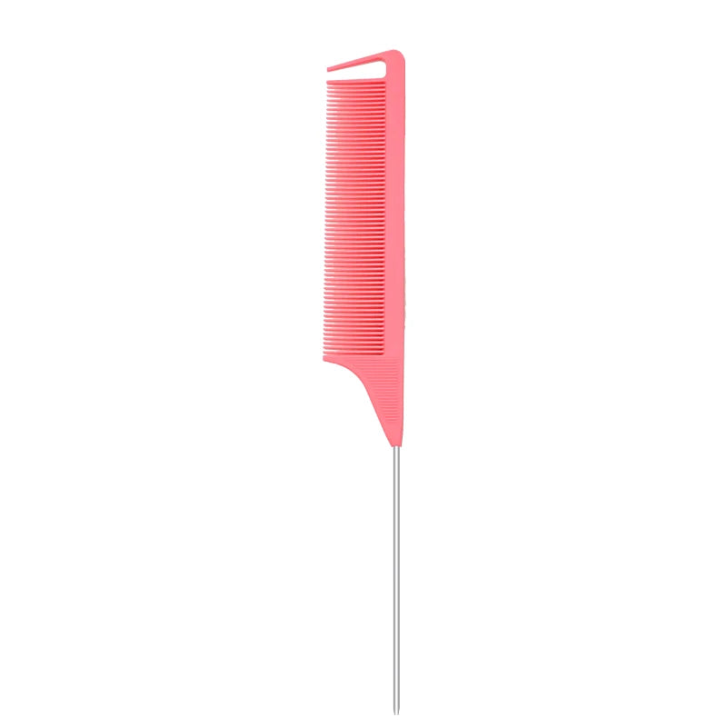 A pink professional pointed tail hair comb and styling brush set.