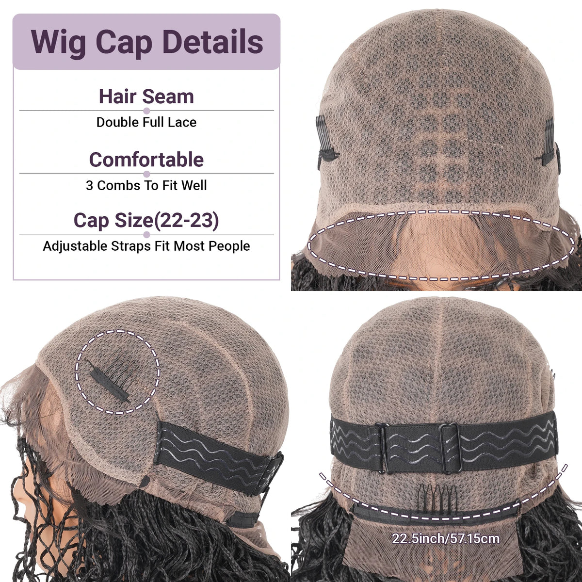 Close-up view of a taupe wig cap with adjustable straps and hair seam details.