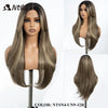 A long, straight ombre lace front wig in a brown shade displayed on a mannequin.