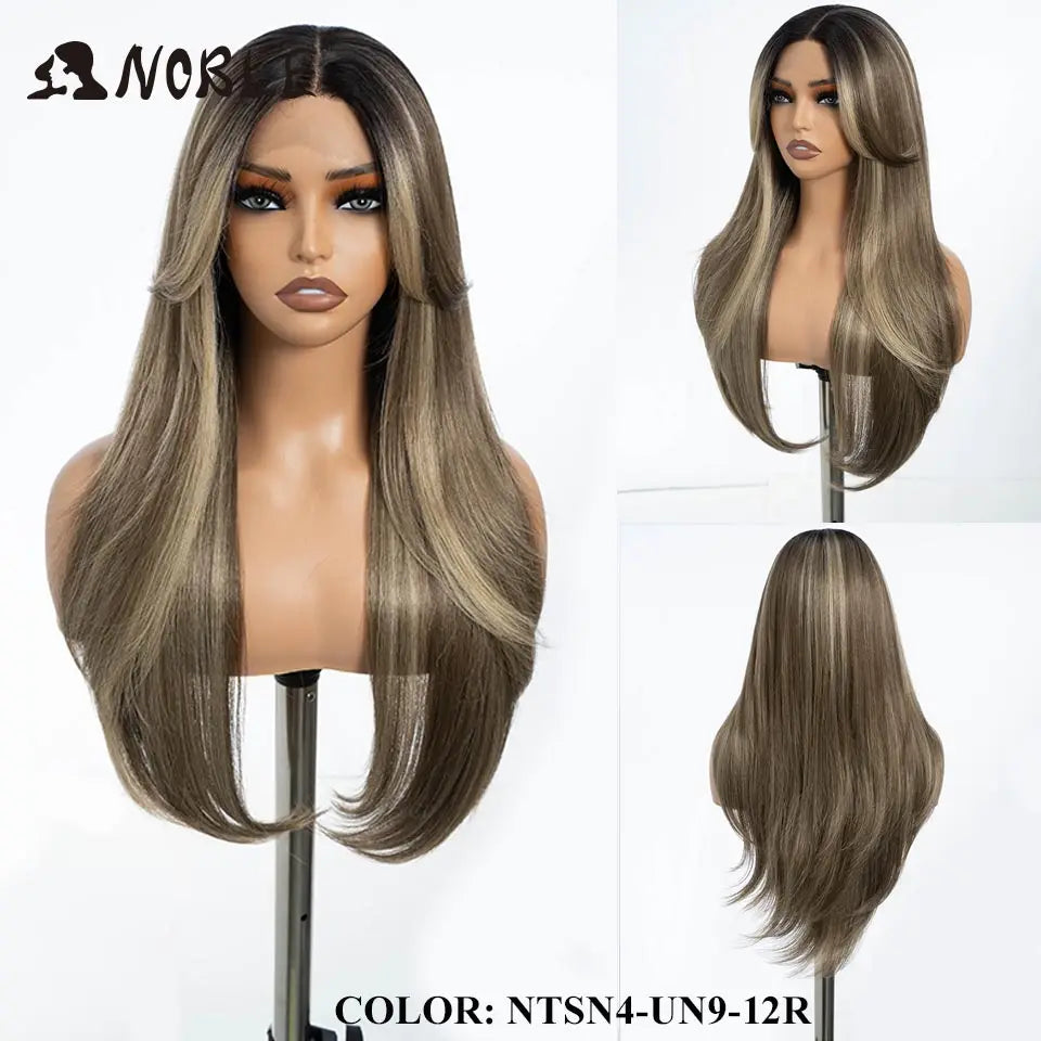 A long, straight ombre lace front wig in a brown shade displayed on a mannequin.