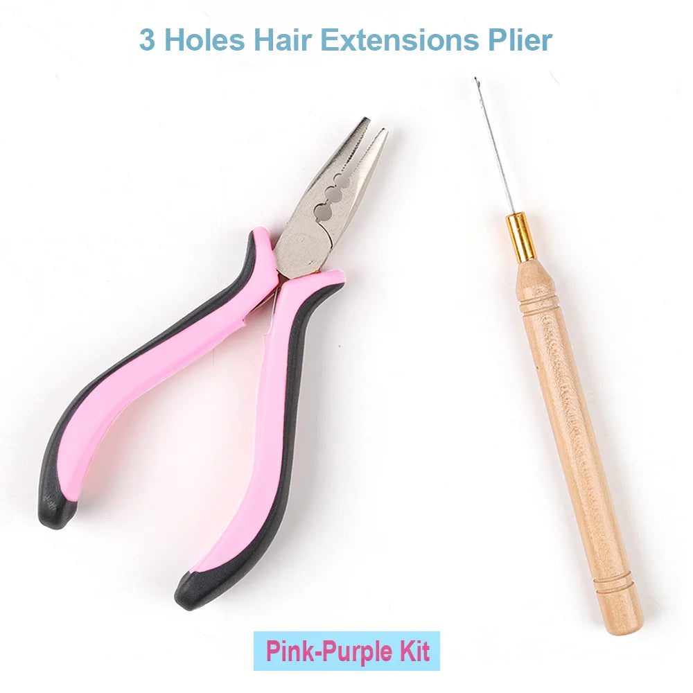 Kit rosa-morado de 3 agujas, alicates y una aguja para extensiones de cabello