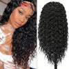 A close-up of long, dark, deep wave Brazilian hair with a headband and a separate section of the hair.