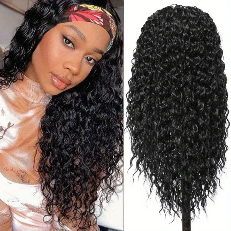 A close-up of long, dark, deep wave Brazilian hair with a headband and a separate section of the hair.