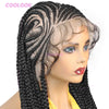 A close-up of a model wearing a black synthetic heart cornrow braids wig