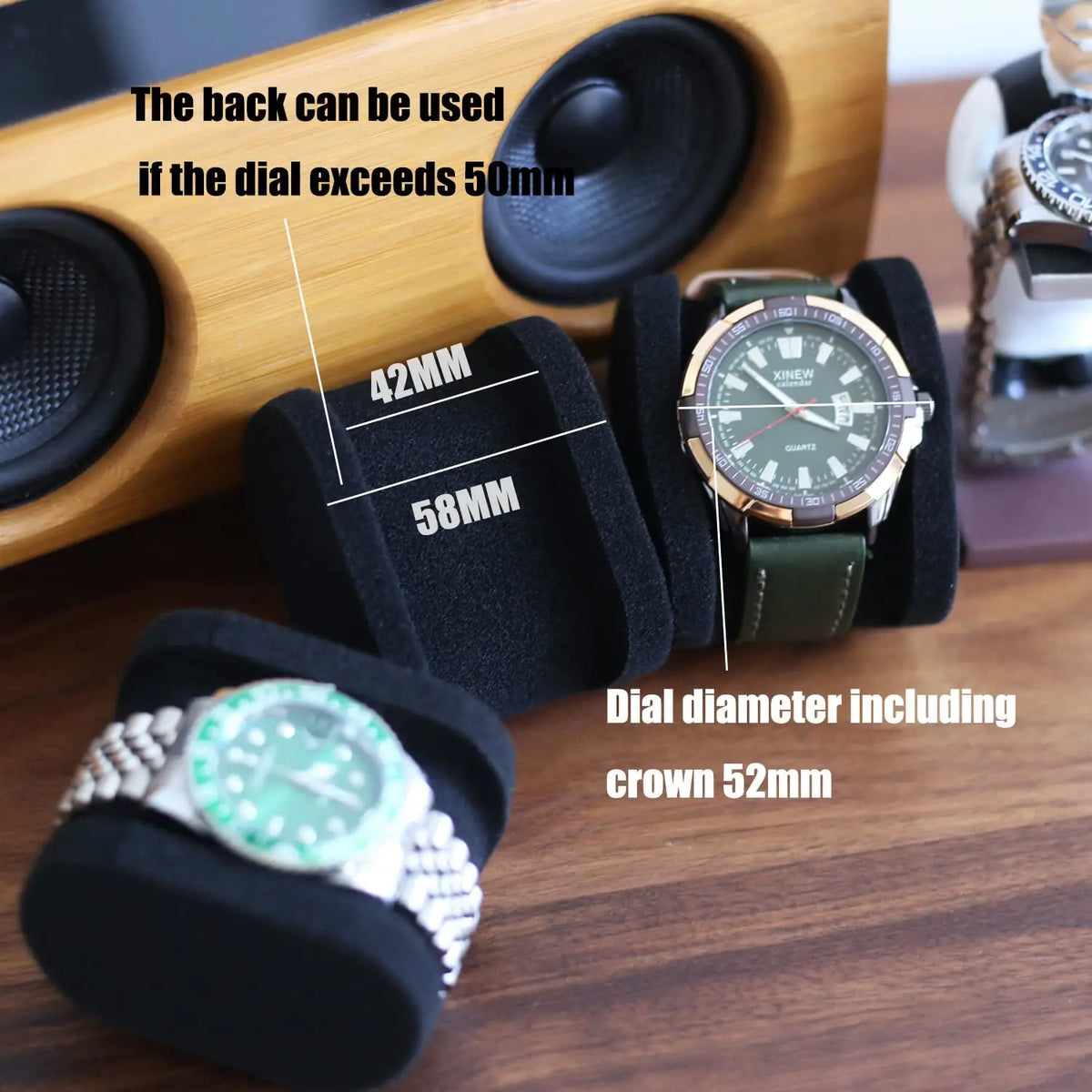 A leather watch travel case organizer showing how a dial diameter exceeding 50mm can be used with a speaker.
