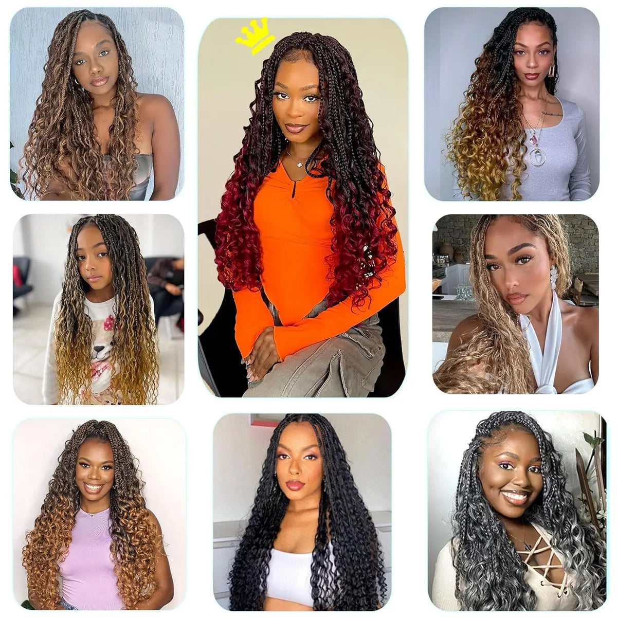 Collage von Frauen, die verschiedene Stile und Farben von Boho-Knoten-Box-Braids für lockiges Haar zeigen.