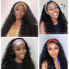 A collage of three women modeling 200% density Brazilian hair deep wave headband wigs in various styles and colors.
