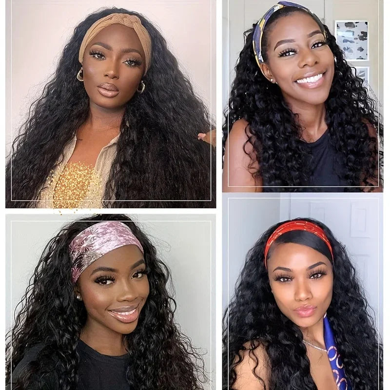 A collage of three women modeling 200% density Brazilian hair deep wave headband wigs in various styles and colors.